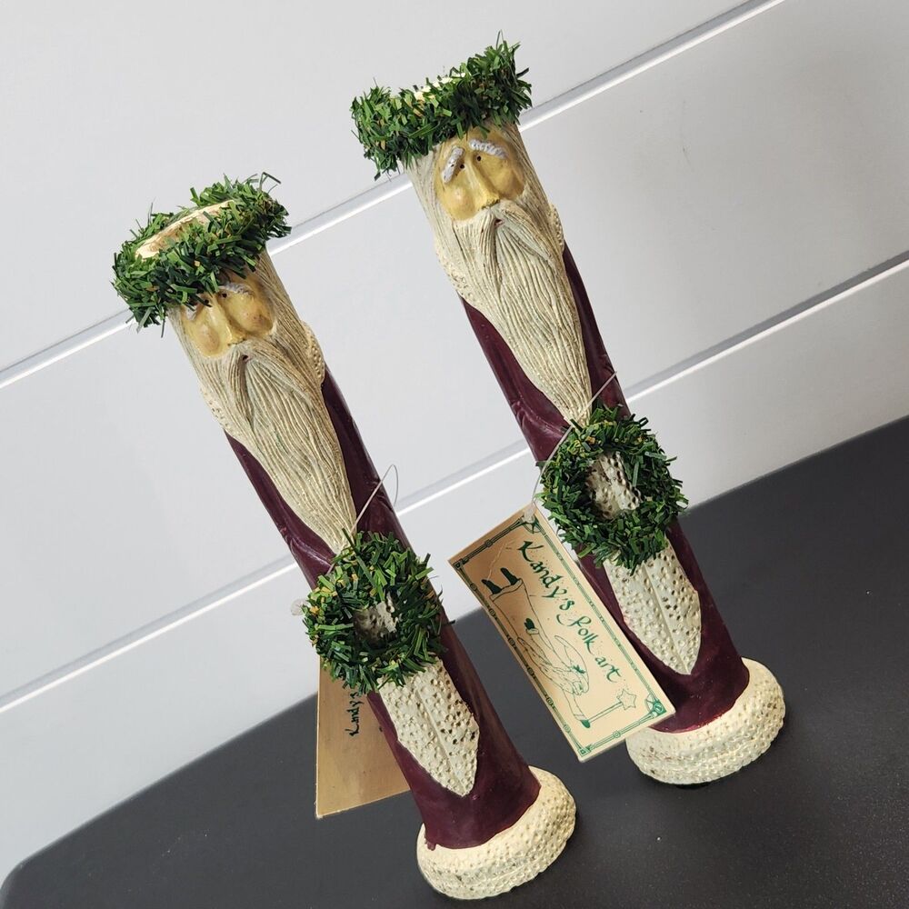 2 Kurt Adler Santa Carved Resin Old World Folk Art Taper Candle Holders Tags